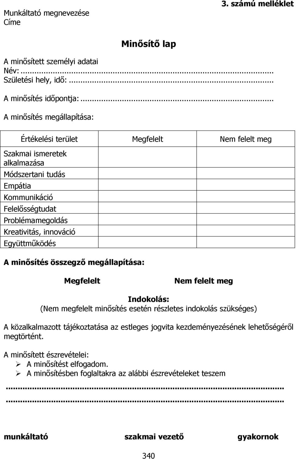 Kreativitás, innováció Együttműködés A minősítés összegző megállapítása: Megfelelt Nem felelt meg Indokolás: (Nem megfelelt minősítés esetén részletes indokolás szükséges) A