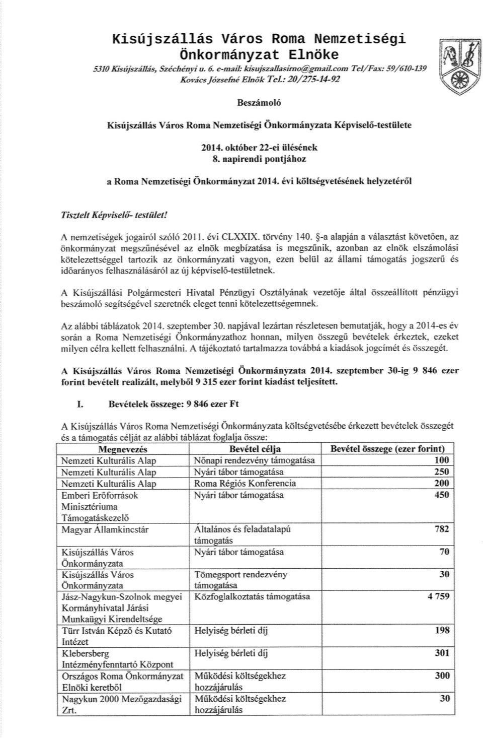 évi költségvetásének bel z ir4l Tiszteli Képviselő- testület!.\ nemzetiségek jogairól szóló 2011. évi CL\\F. törvény 140.