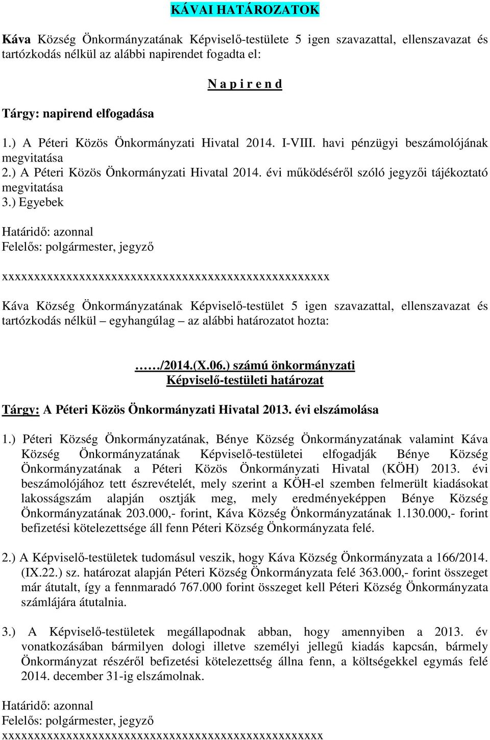 ) Egyebek x Káva Község Önkormányzatának Képviselő-testület 5 igen szavazattal, ellenszavazat és Tárgy: A Péteri Közös Önkormányzati Hivatal 2013.