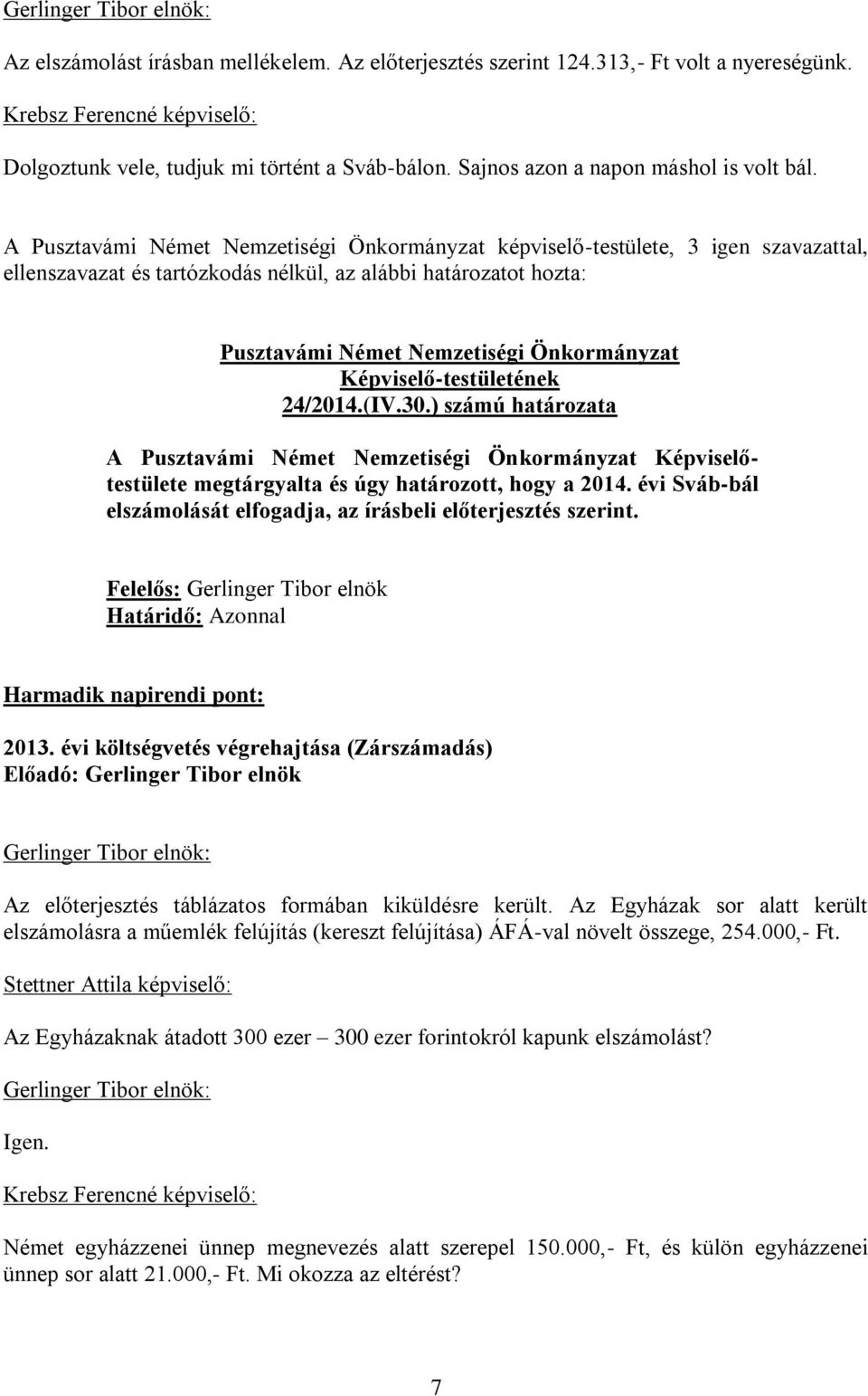 évi Sváb-bál elszámolását elfogadja, az írásbeli előterjesztés szerint. Határidő: Azonnal Harmadik napirendi pont: 2013.