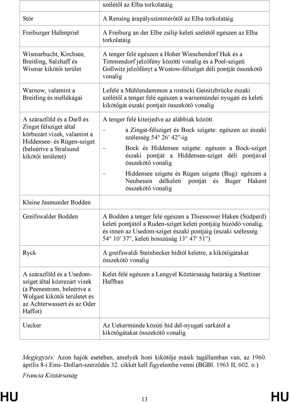 keleti szélétől egészen az Elba torkolatáig A tenger felé egészen a Hoher Wieschendorf Huk és a Timmendorf jelzőfény közötti vonalig és a Poel-szigeti Gollwitz jelzőfényt a Wustow-félsziget déli