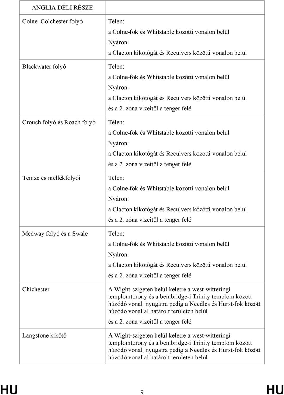 belül és a 2. zóna vizeitől a tenger felé Télen: a Colne-fok és Whitstable közötti vonalon belül Nyáron: a Clacton kikötőgát és Reculvers közötti vonalon belül és a 2.