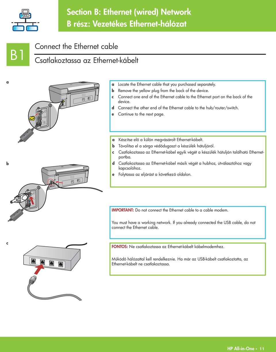 e Continue to the next pge. b Készítse el külön megvásárolt Ethernet-kábelt. b Távolíts el sárg véd dugszt készülék hátuljáról.