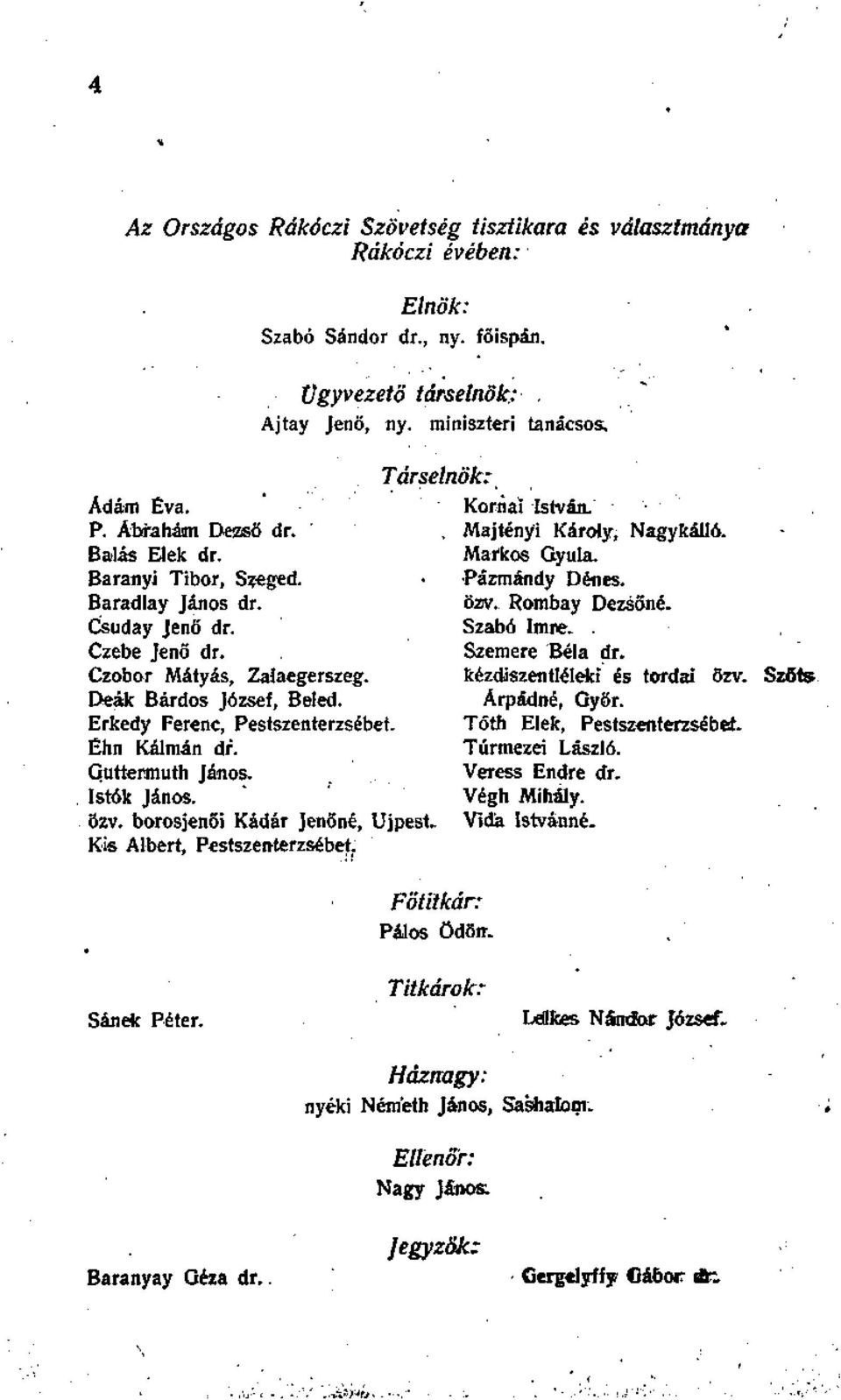 Éhn Kálmán df. Guttermuth János. Istók János. özv. borosjenői Kádár Jenőné, Újpest. Kis Albert, Pestszenterzsébet. Társelnök: Kornai István. Főtitkár: Pálos ödörr. Majtény'i Károly, Nagy kalló.