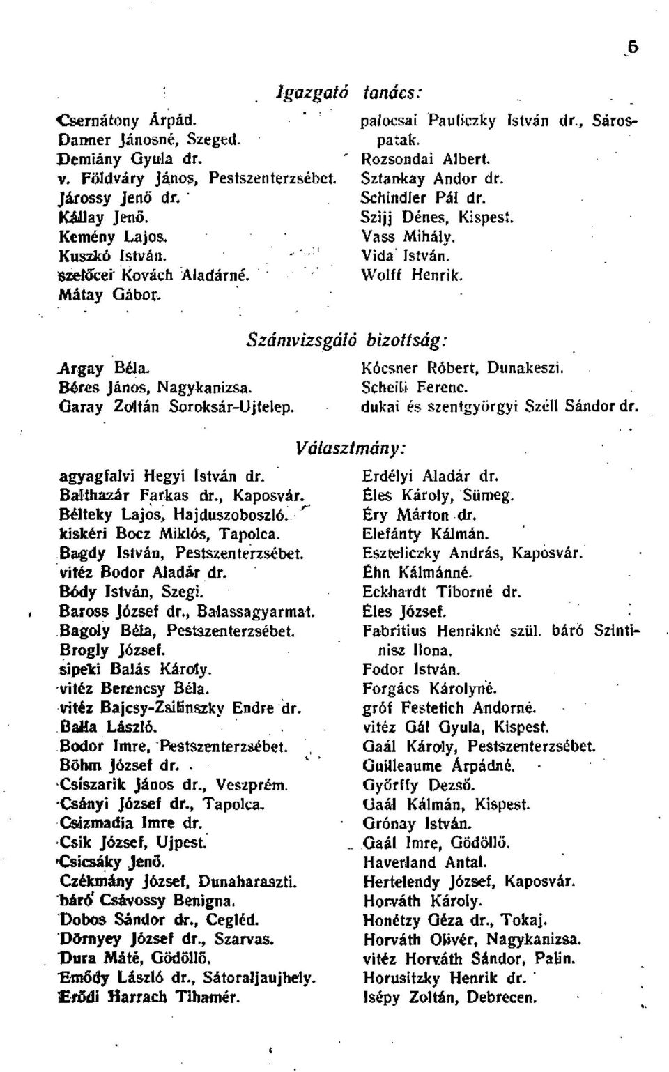 6 Számvizsgáló -Argay Béla. Béres János, Nagykanizsa. Garay Zoltán Soroksár-Újtelep. bizottság: Kócsner Róbert, Dunakeszi. Scheili Ferenc. dukai és szentgyörgyi Széli Sándor dr.