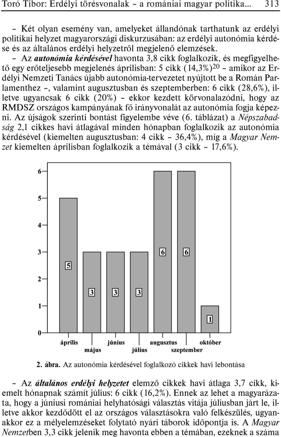 Az autonómia kérdésével havonta,8 cikk foglalkozik, és megfigyelhetõ egy erõteljesebb megjelenés áprilisban: 5 cikk (4,%) amikor az Erdélyi Nemzeti Tanács újabb autonómia-tervezetet nyújtott be a