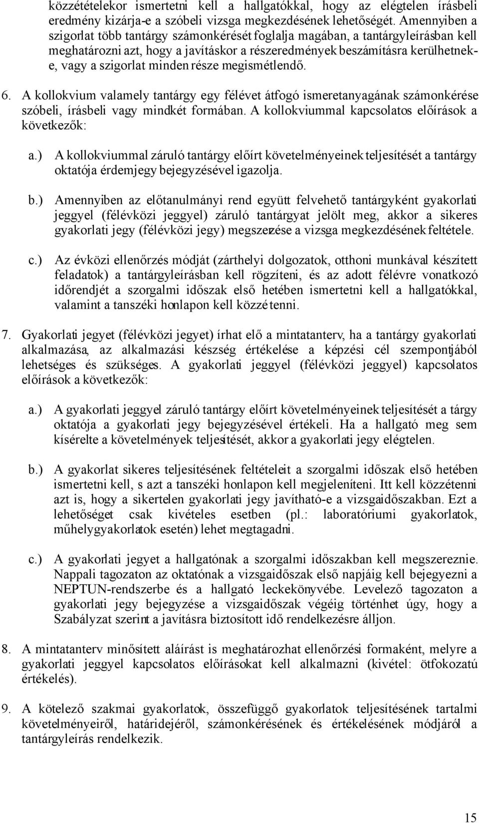 része megismétlendő. 6. A kollokvium valamely tantárgy egy félévet átfogó ismeretanyagának számonkérése szóbeli, írásbeli vagy mindkét formában. A kollokviummal kapcsolatos előírások a következők: a.