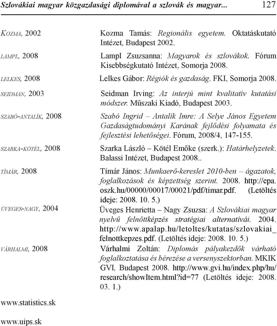 s e i d m a n, 2003 s z a b ó-a n ta l í k, 2008 s z a r k a-k ö t é l, 2008 t í m á r, 2008 ü v e g e s-n a g y, 2004 v á r h a l m i, 2008 Seidman Irving: Az interjú mint kvalitatív kutatási