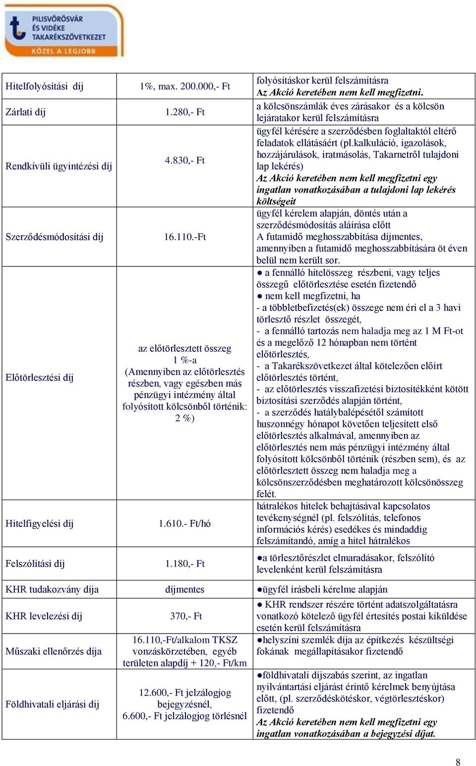 180,- Ft folyósításkor kerül felszámításra Az Akció keretében nem kell megfizetni.