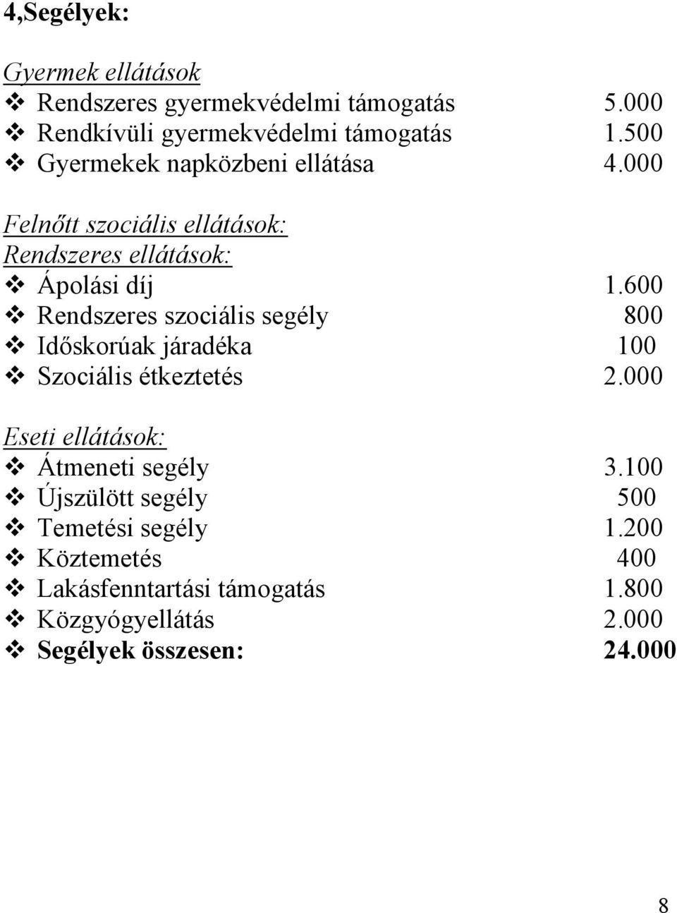 600 Rendszeres szociális segély 800 Id9skorúak járadéka 100 Szociális étkeztetés 2.