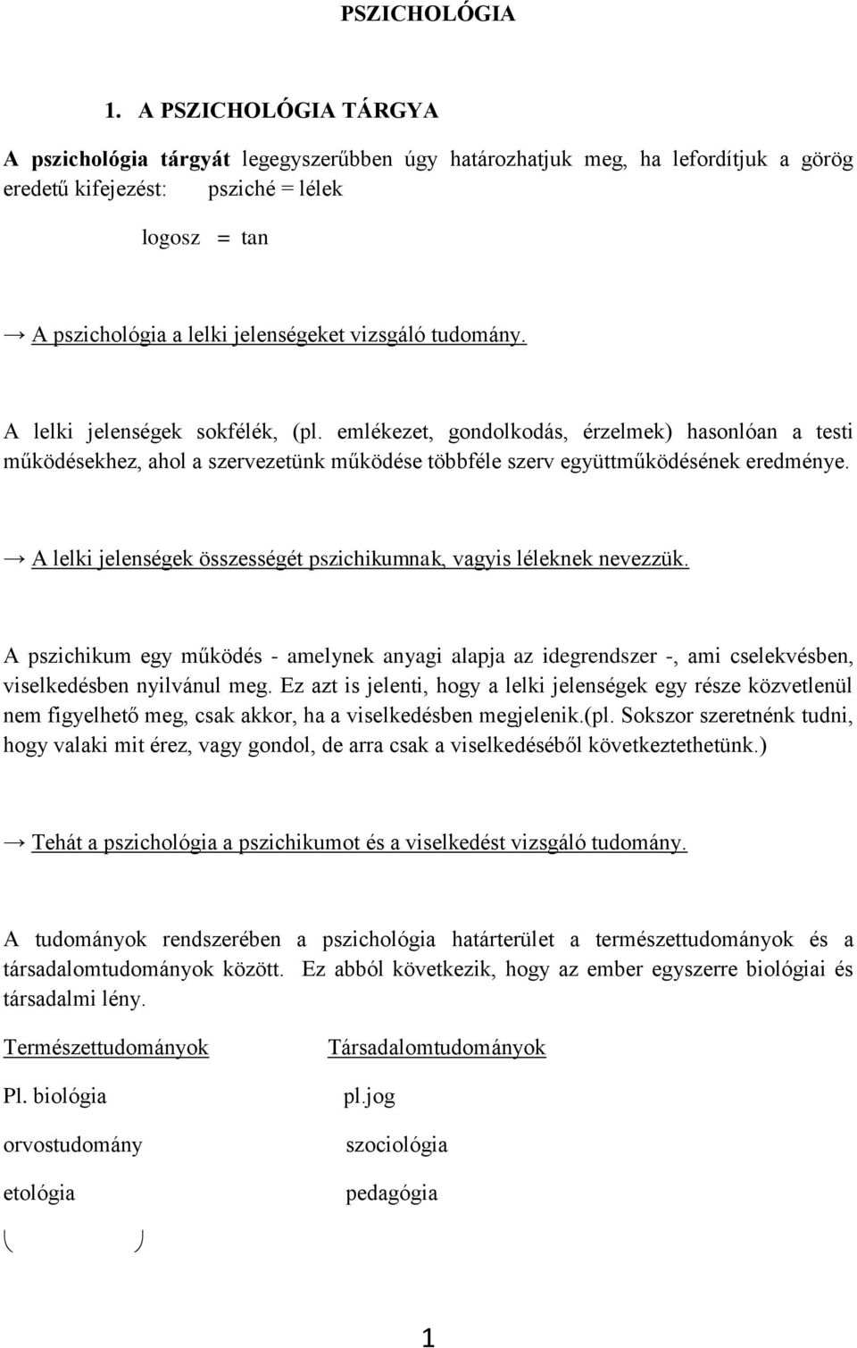 vizsgáló tudomány. A lelki jelenségek sokfélék, (pl. emlékezet, gondolkodás, érzelmek) hasonlóan a testi működésekhez, ahol a szervezetünk működése többféle szerv együttműködésének eredménye.