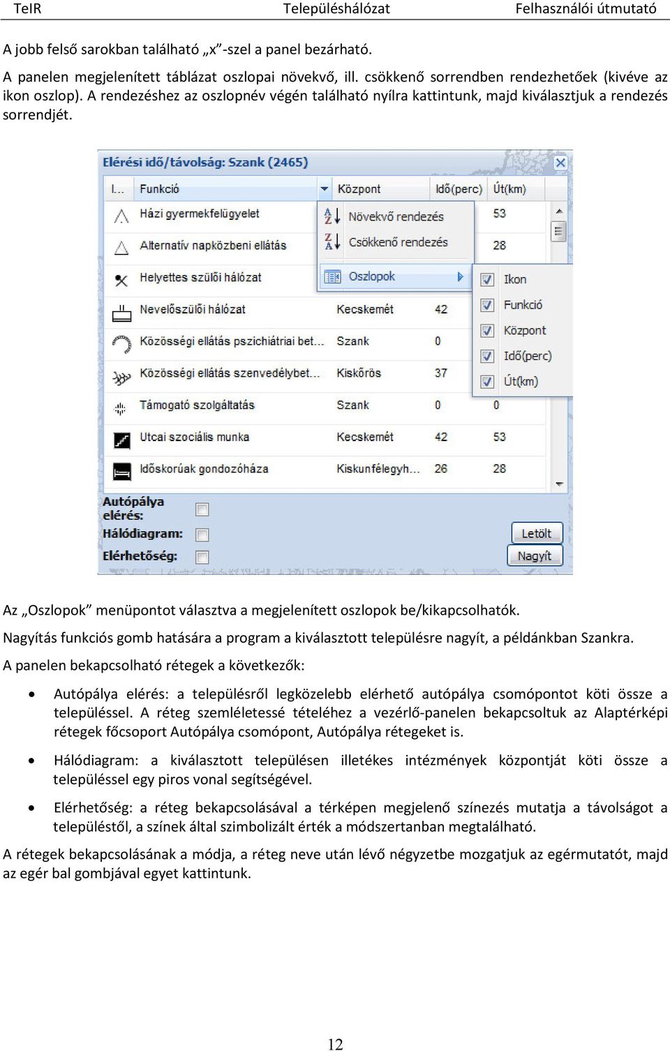 Nagyítás funkciós gomb hatására a program a kiválasztott településre nagyít, a példánkban Szankra.