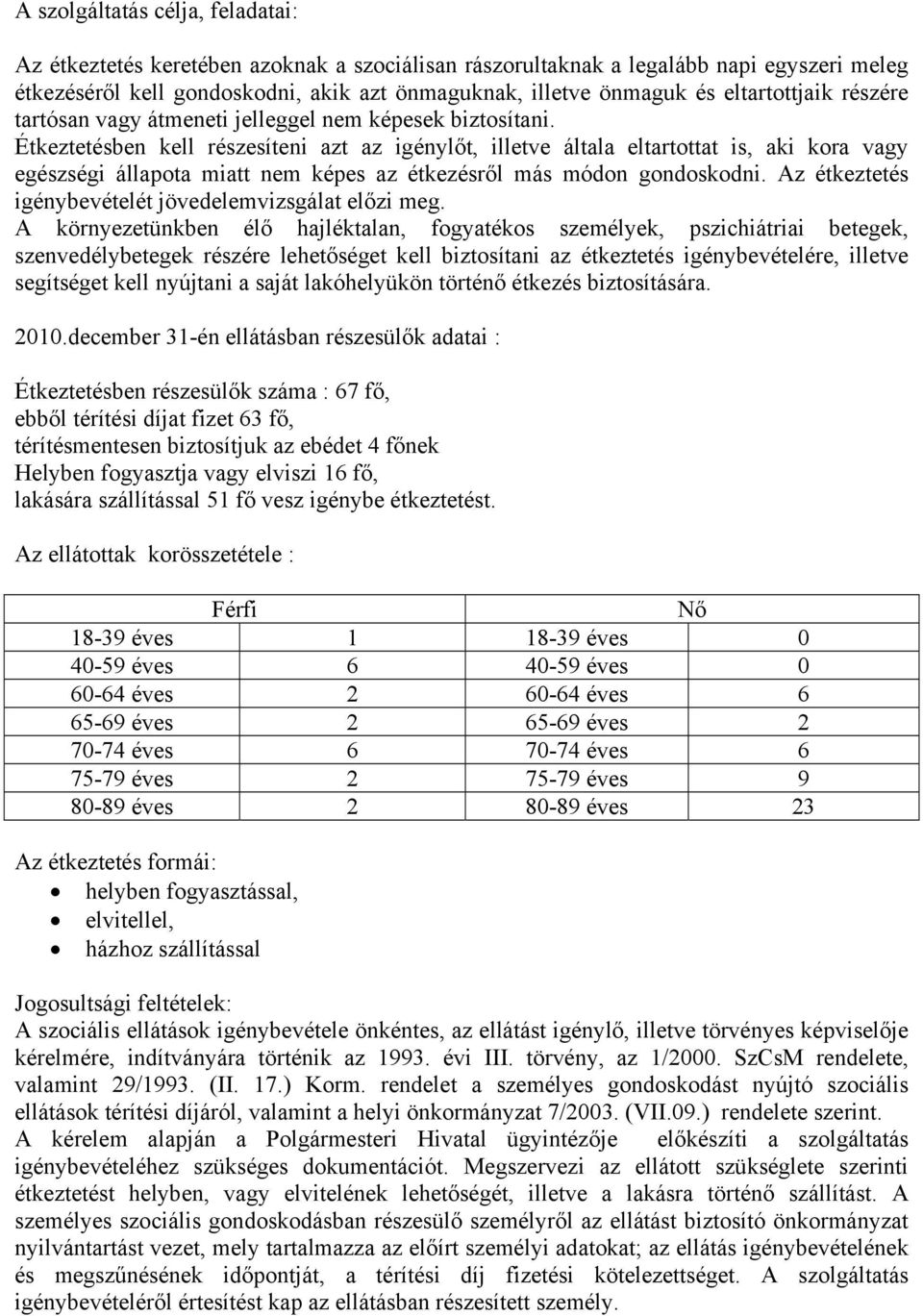 Étkeztetésben kell részesíteni azt az igénylőt, illetve általa eltartottat is, aki kora vagy egészségi állapota miatt nem képes az étkezésről más módon gondoskodni.