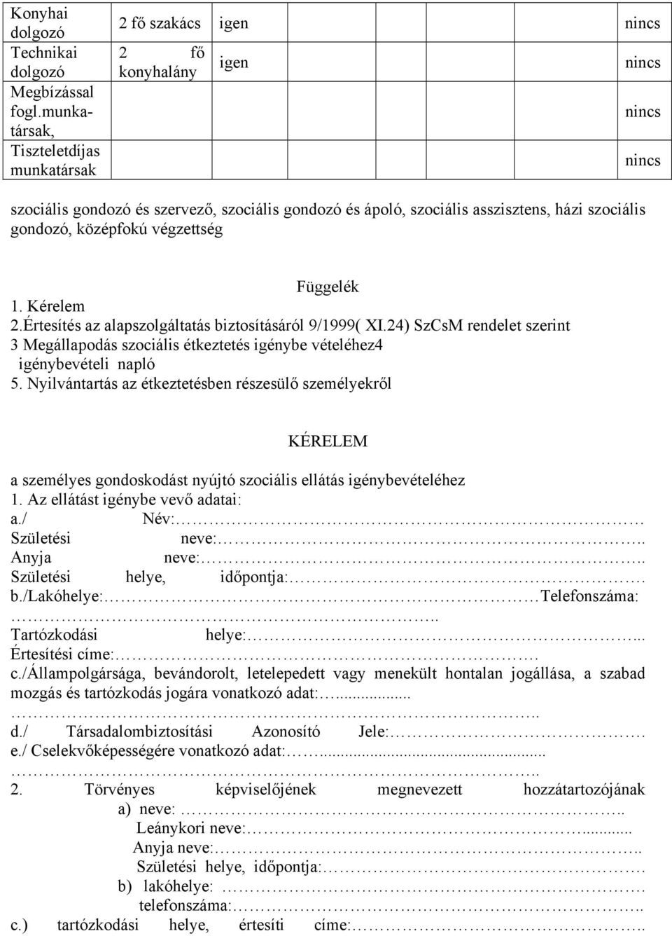 gondozó, középfokú végzettség Függelék 1. Kérelem 2.Értesítés az alapszolgáltatás biztosításáról 9/1999( XI.