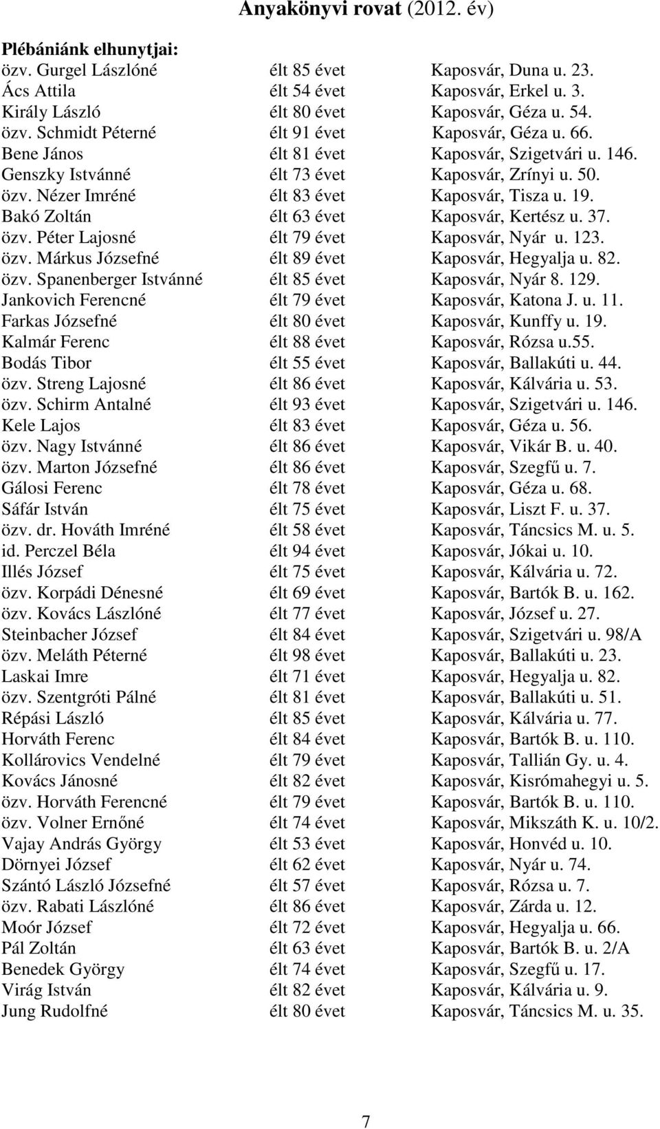 Bakó Zoltán élt 63 évet Kaposvár, Kertész u. 37. özv. Péter Lajosné élt 79 évet Kaposvár, Nyár u. 123. özv. Márkus Józsefné élt 89 évet Kaposvár, Hegyalja u. 82. özv. Spanenberger Istvánné élt 85 évet Kaposvár, Nyár 8.