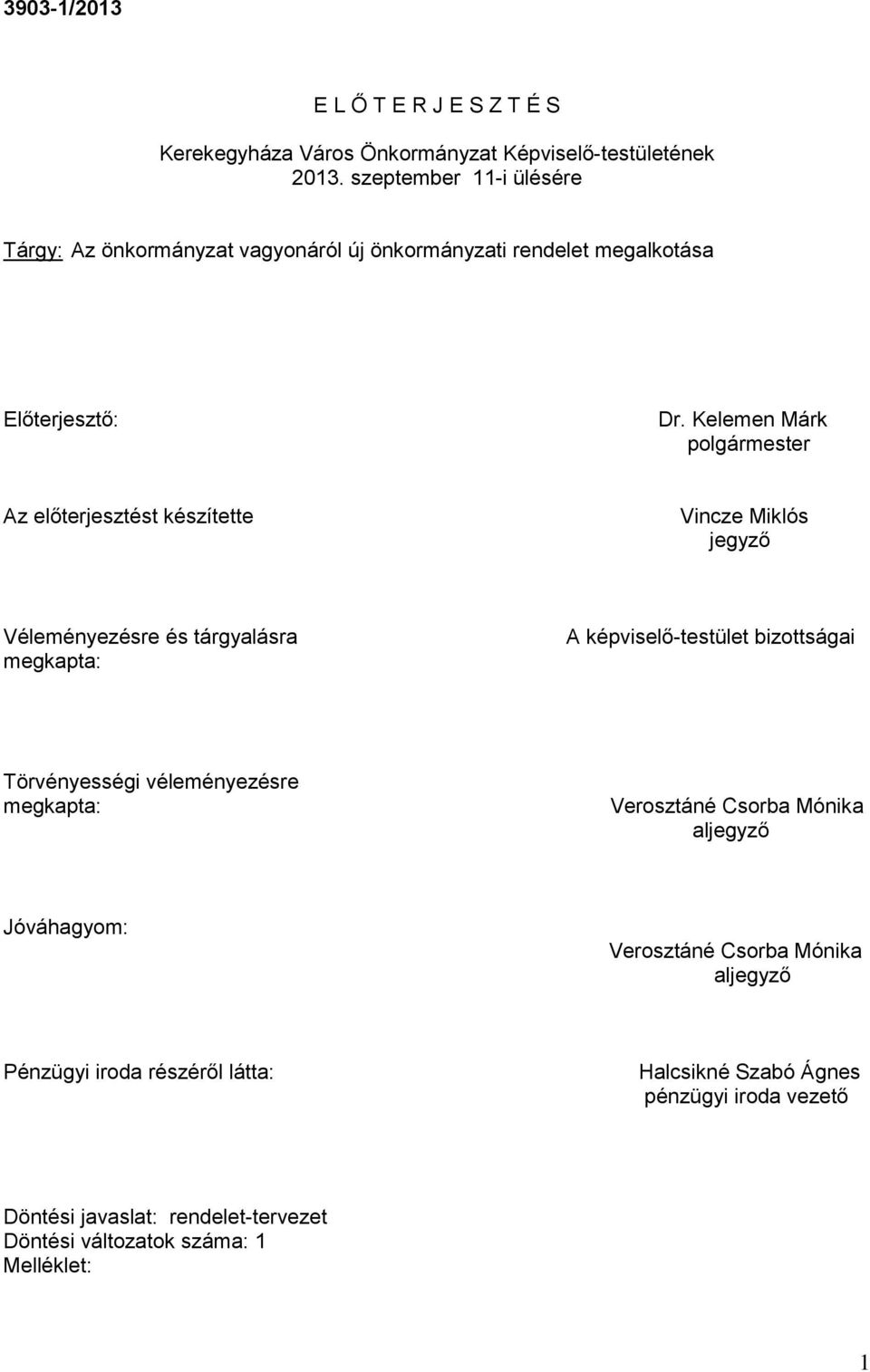 Kelemen Márk polgármester Az előterjesztést készítette Vincze Miklós jegyző Véleményezésre és tárgyalásra megkapta: A képviselő-testület bizottságai