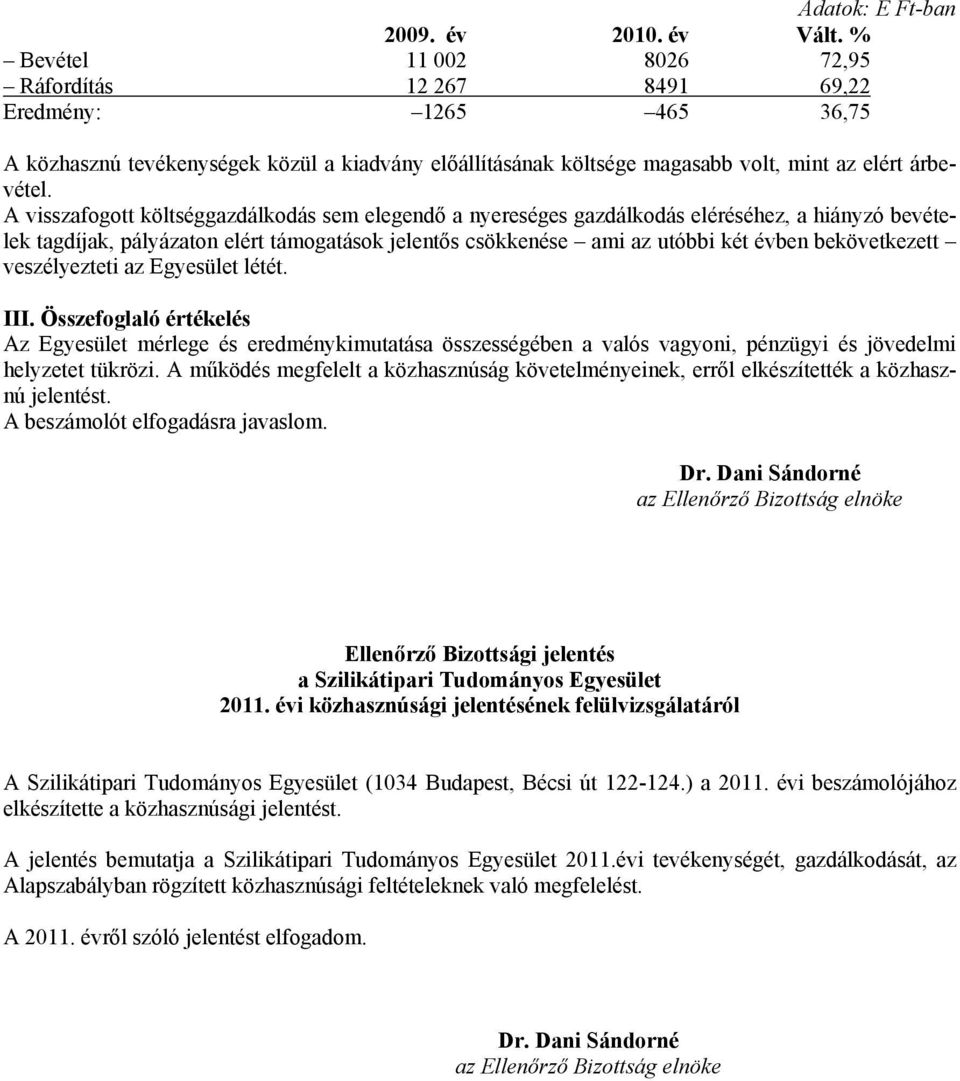 A visszafogott költséggazdálkodás sem elegendő a nyereséges gazdálkodás eléréséhez, a hiányzó bevételek tagdíjak, pályázaton elért támogatások jelentős csökkenése ami az utóbbi két évben