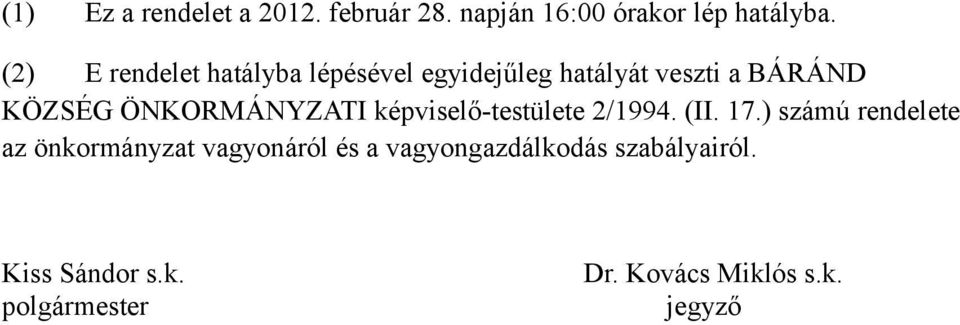 ÖNKORMÁNYZATI képviselő-testülete 2/1994. (II. 17.
