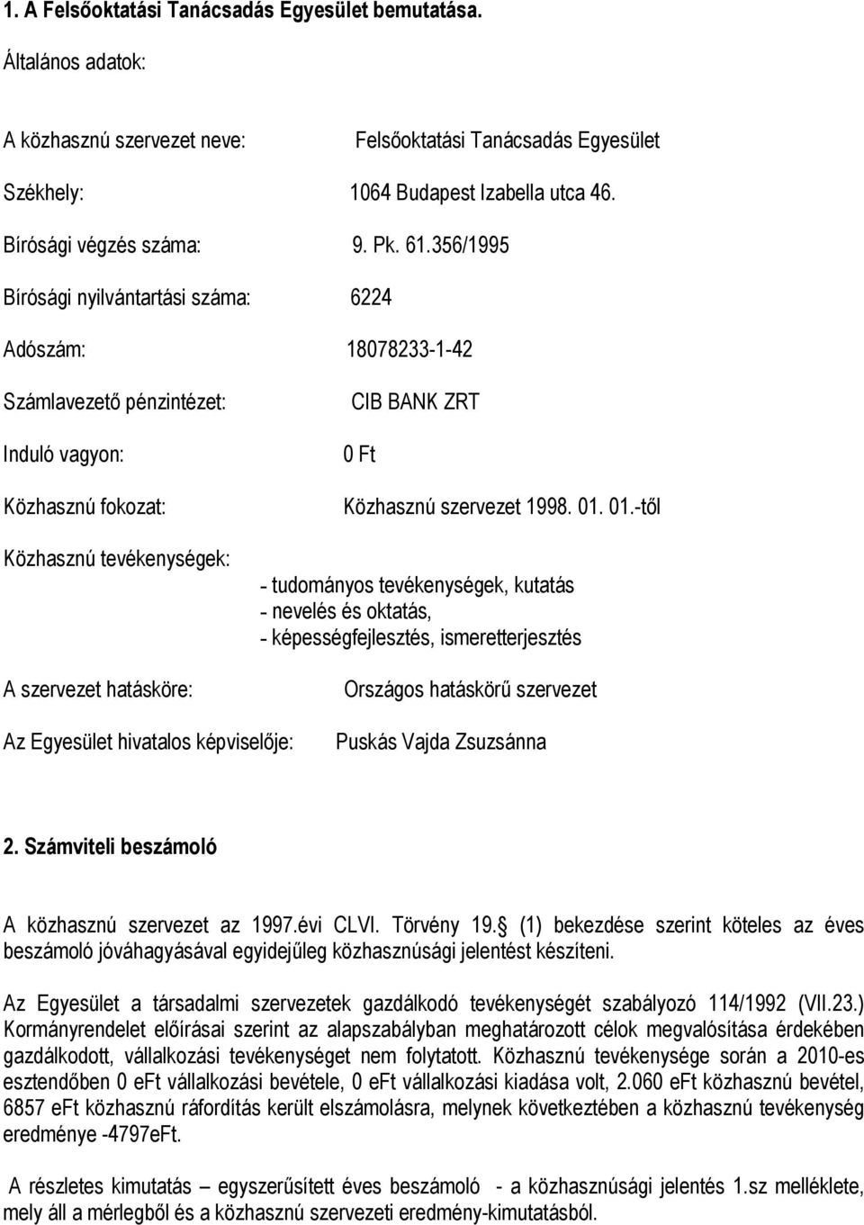 356/1995 Bírósági nyilvántartási száma: 6224 Adószám: 1878233-1-42 Számlavezető pénzintézet: Induló vagyon: Közhasznú fokozat: Közhasznú tevékenységek: A szervezet hatásköre: CIB BANK ZRT Ft