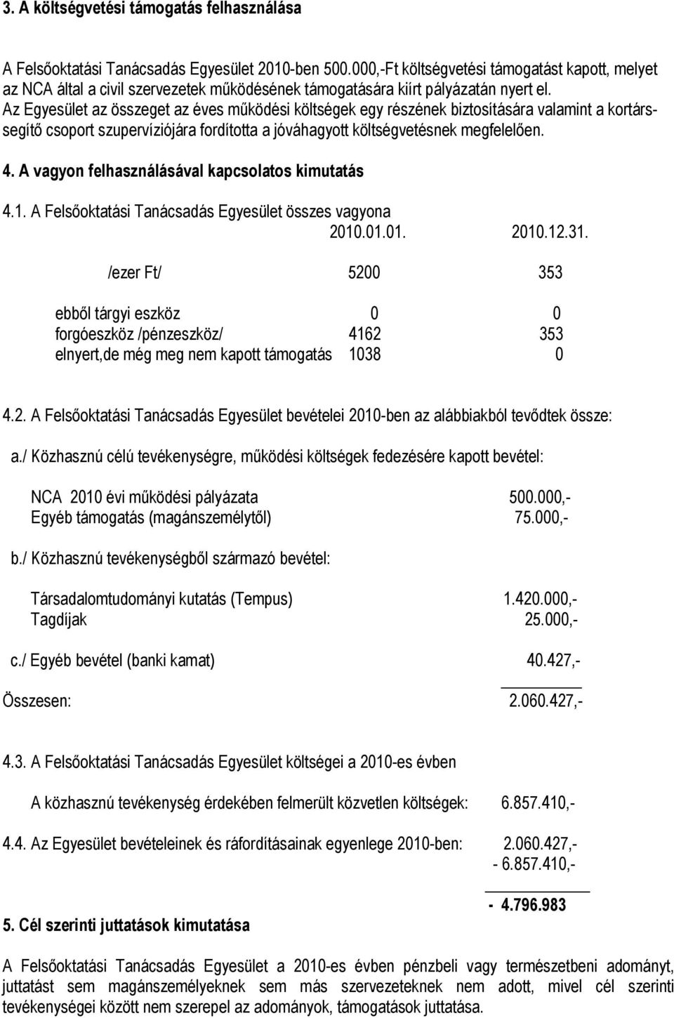 Az Egyesület az összeget az éves működési költségek egy részének biztosítására valamint a kortárssegítő csoport szupervíziójára fordította a jóváhagyott költségvetésnek megfelelően. 4.