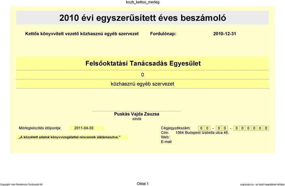 Mérlegkészítés időpontja: 211-4-3 Cégjegyzékszám: - - Cím: 164 Budapest Izabella utca 46.