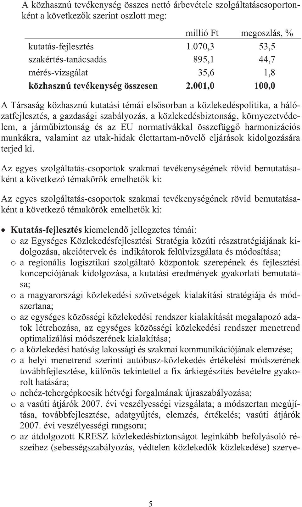 001,0 100,0 A Társaság közhasznú kutatási témái els sorban a közlekedéspolitika, a hálózatfejlesztés, a gazdasági szabályozás, a közlekedésbiztonság, környezetvédelem, a járm biztonság és az EU