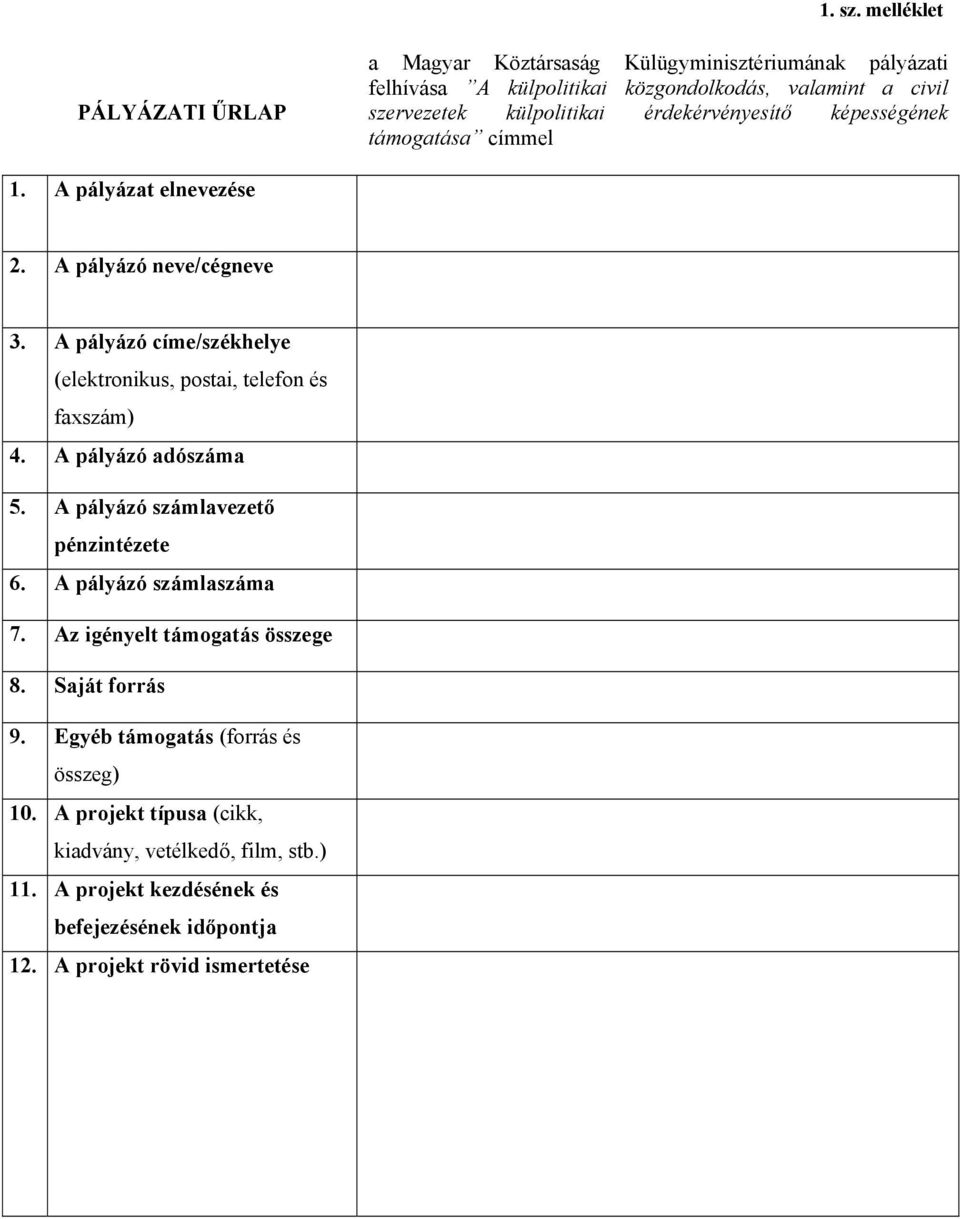 érdekérvényesítő képességének támogatása címmel 1. A pályázat elnevezése 2. A pályázó neve/cégneve 3.