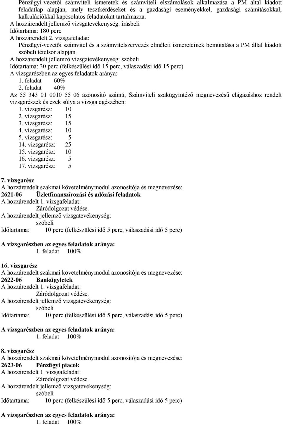 vizsgafeladat: Pénzügyi-vezetői számvitel és a számvitelszervezés elméleti ismereteinek bemutatása a PM által kiadott szóbeli tételsor alapján.