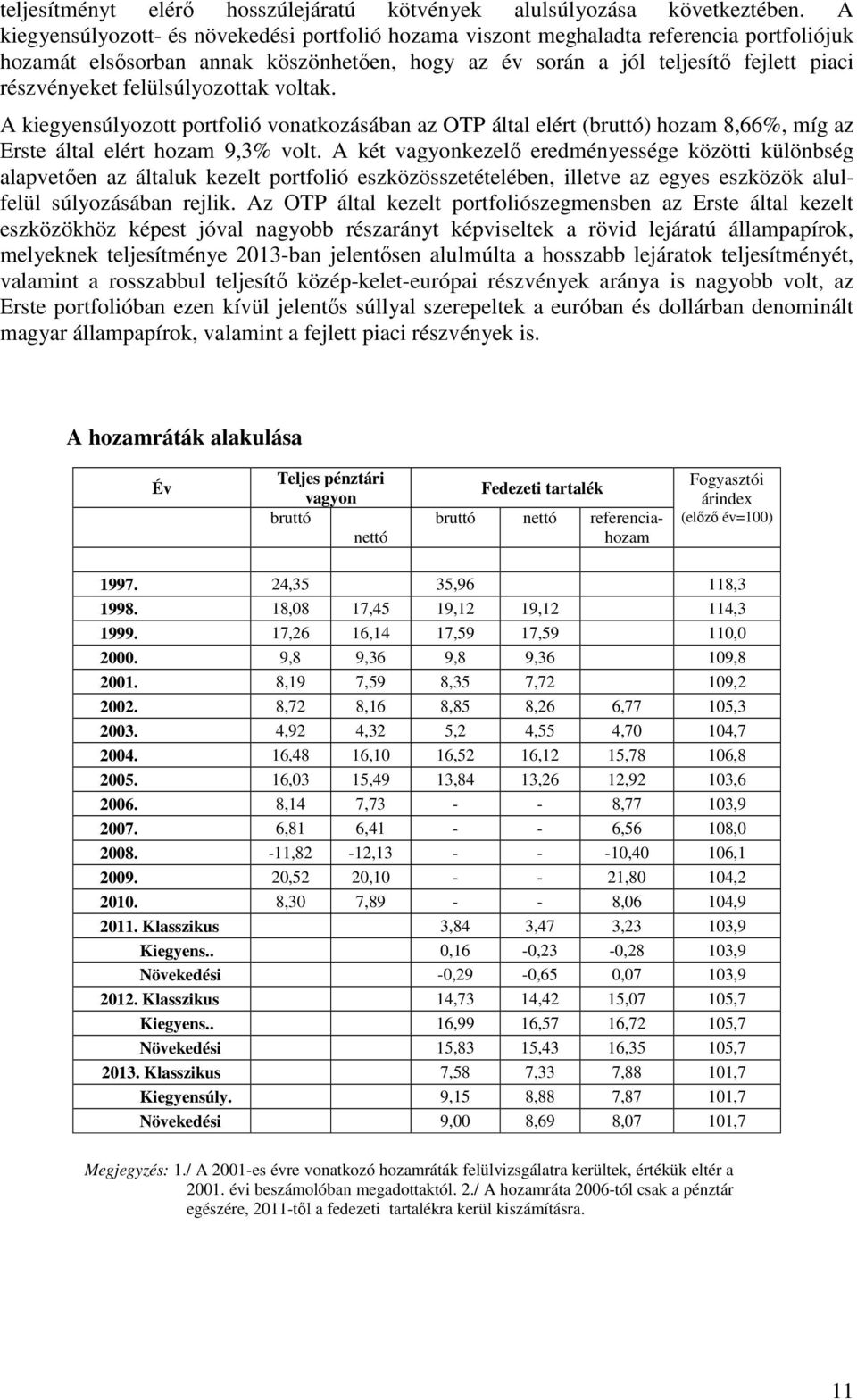 felülsúlyozottak voltak. A kiegyensúlyozott portfolió vonatkozásában az OTP által elért (bruttó) hozam 8,66%, míg az Erste által elért hozam 9,3% volt.