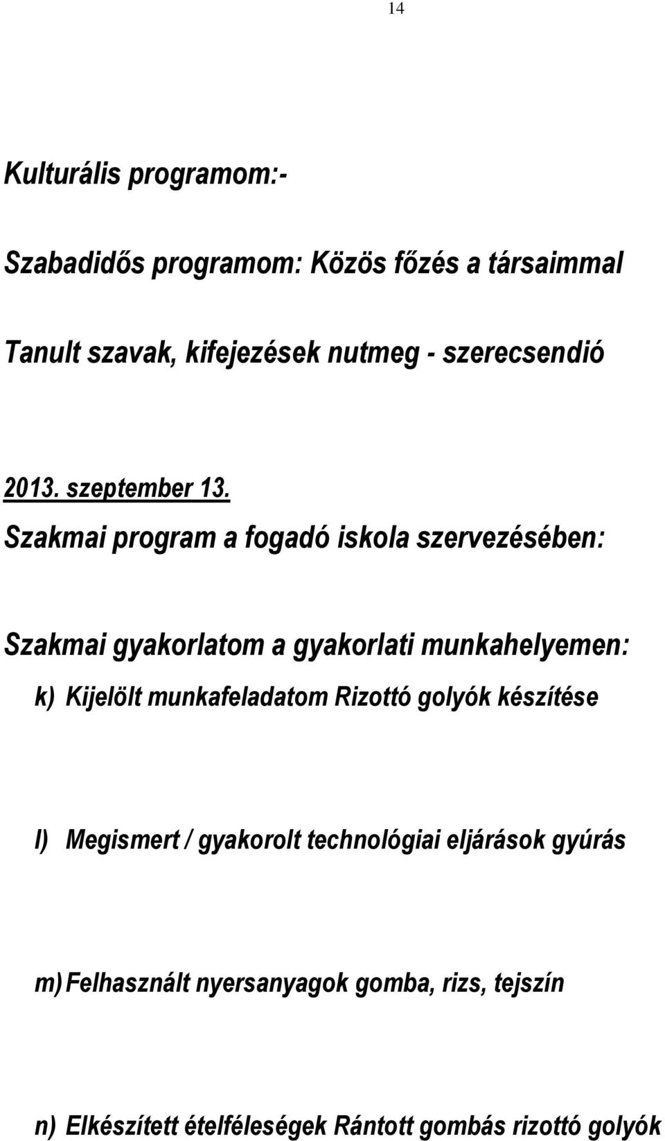 Szakmai program a fogadó iskola szervezésében: Szakmai gyakorlatom a gyakorlati munkahelyemen: k) Kijelölt