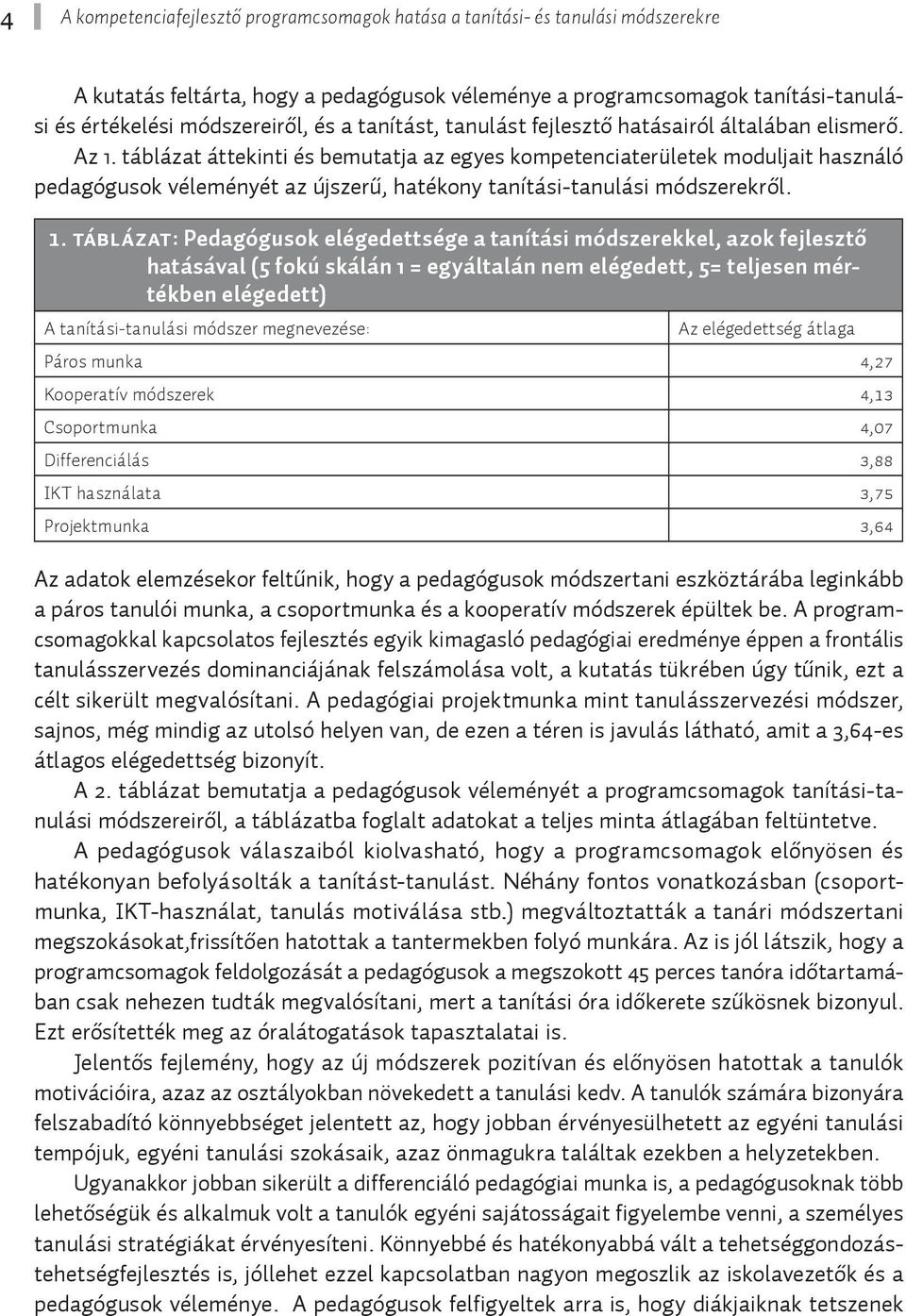 táblázat áttekinti és bemutatja az egyes kompetenciaterületek moduljait használó pedagógusok véleményét az újszerű, hatékony tanítási-tanulási módszerekről. 1.