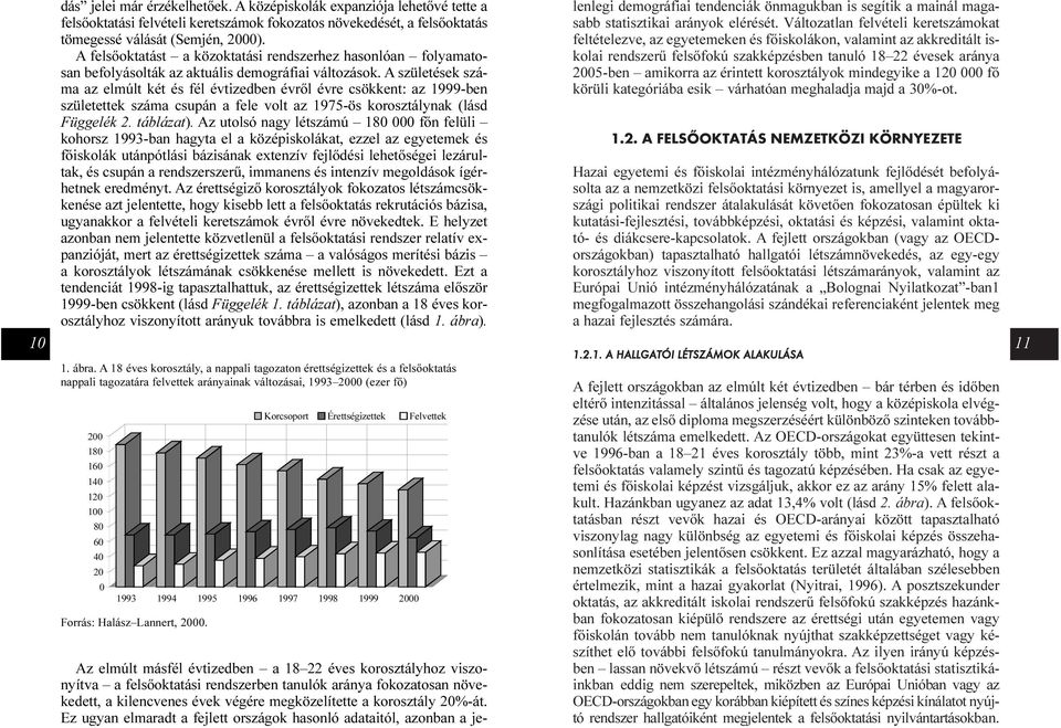 A születések száma az elmúlt két és fél évtizedben évrõl évre csökkent: az 1999-ben születettek száma csupán a fele volt az 1975-ös korosztálynak (lásd Függelék 2. táblázat).