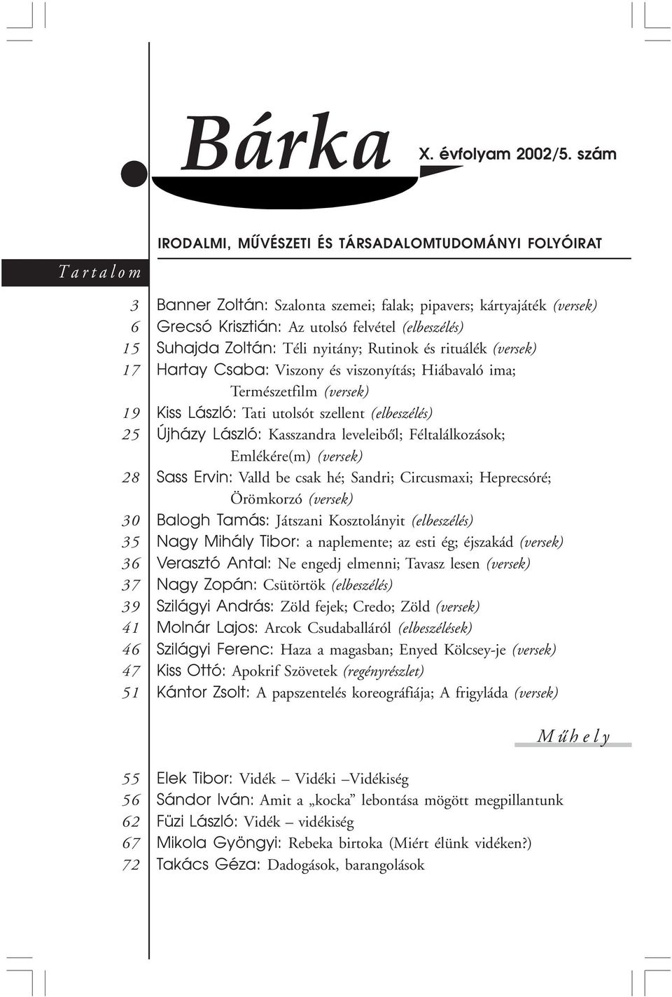 Krisztián: Az utolsó felvétel (elbeszélés) Suhajda Zoltán: Téli nyitány; Rutinok és rituálék (versek) Hartay Csaba: Viszony és viszonyítás; Hiábavaló ima; Természetfilm (versek) Kiss László: Tati