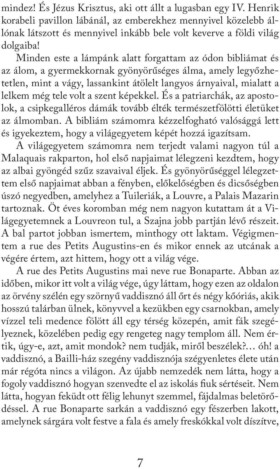 Minden este a lámpánk alatt forgattam az ódon bibliámat és az álom, a gyermekkornak gyönyörűséges álma, amely legyőzhetetlen, mint a vágy, lassankint át ölelt langyos árnyaival, mialatt a lelkem még