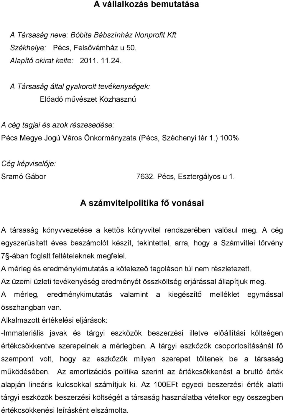 ) 100% Cég képviselője: Sramó Gábor 7632. Pécs, Esztergályos u 1. A számvitelpolitika fő vonásai A társaság könyvvezetése a kettős könyvvitel rendszerében valósul meg.