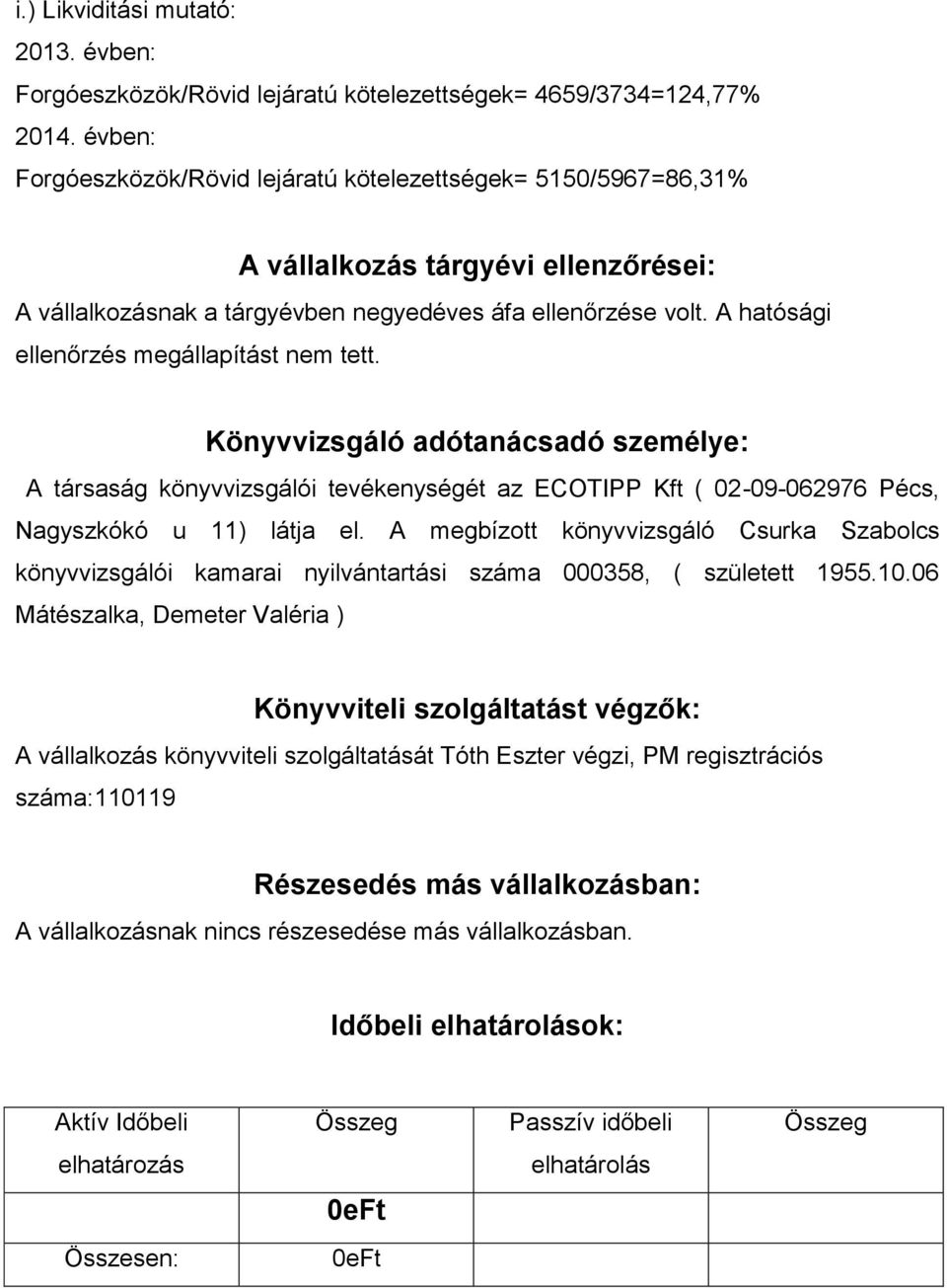 Könyvvizsgáló adótanácsadó személye: A társaság könyvvizsgálói tevékenységét az ECOTIPP Kft ( 02-09-062976 Pécs, Nagyszkókó u 11) látja el.