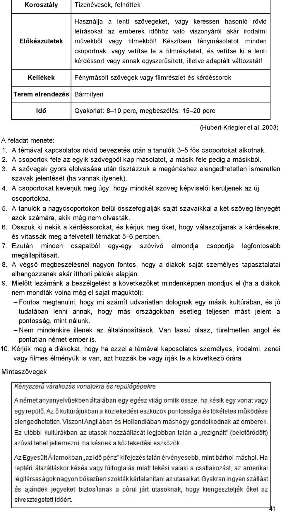 Fénymásolt szövegek vagy filmrészlet és kérdéssorok Bármilyen Gyakorlat: 8 10 perc, megbeszélés: 15 20 perc A feladat menete: (Hubert Kriegler et al. 2003) 1.