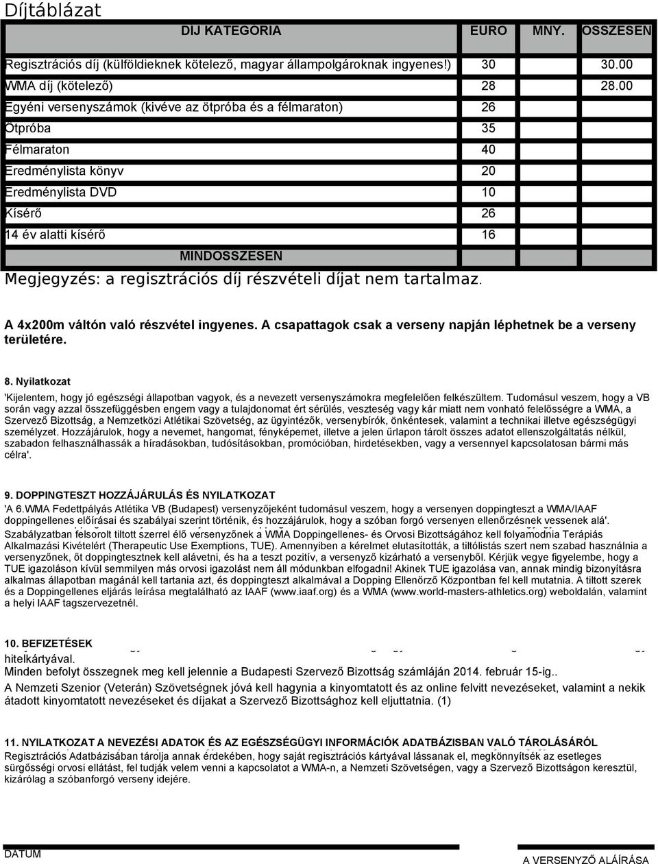 regisztrációs díj részvételi díjat nem tartalmaz. A 4x200m váltón való részvétel ingyenes. A csapattagok csak a verseny napján léphetnek be a verseny területére. 8.