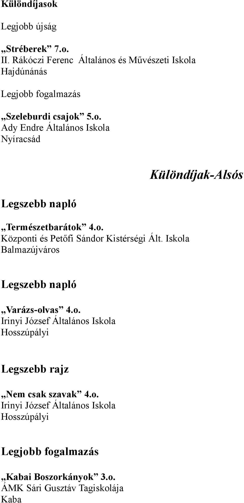 o. Központi és Petőfi Sándor Kistérségi Ált. Iskola Balmazújváros Különdíjak-Alsós Legszebb napló Varázs-olvas 4.o. Irinyi József Általános Iskola Hosszúpályi Legszebb rajz Nem csak szavak 4.