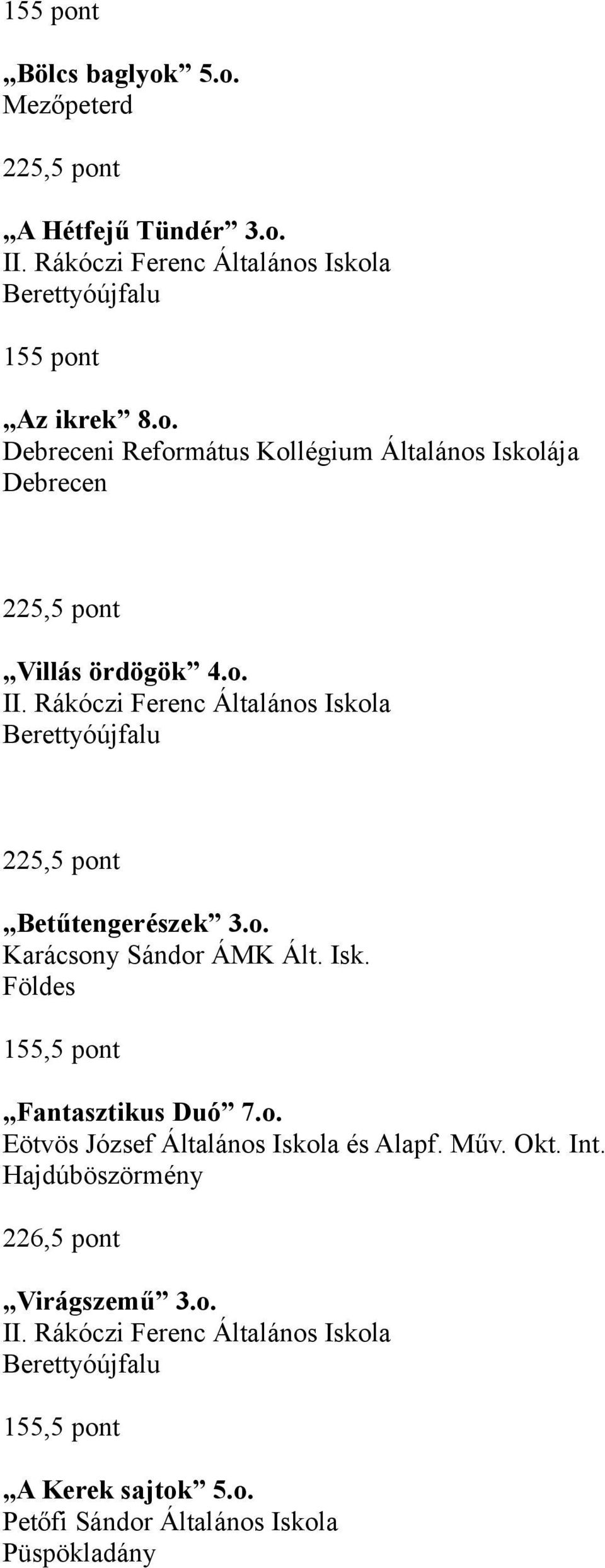 Műv. Okt. Int. Hajdúböszörmény 226,5 pont Virágszemű 3.o. 155,5 pont A Kerek sajtok 5.o. Petőfi Sándor Általános Iskola