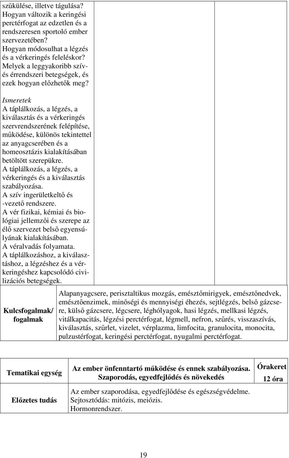 A táplálkozás, a légzés, a kiválasztás és a vérkeringés szervrendszerének felépítése, működése, különös tekintettel az anyagcserében és a homeosztázis kialakításában betöltött szerepükre.