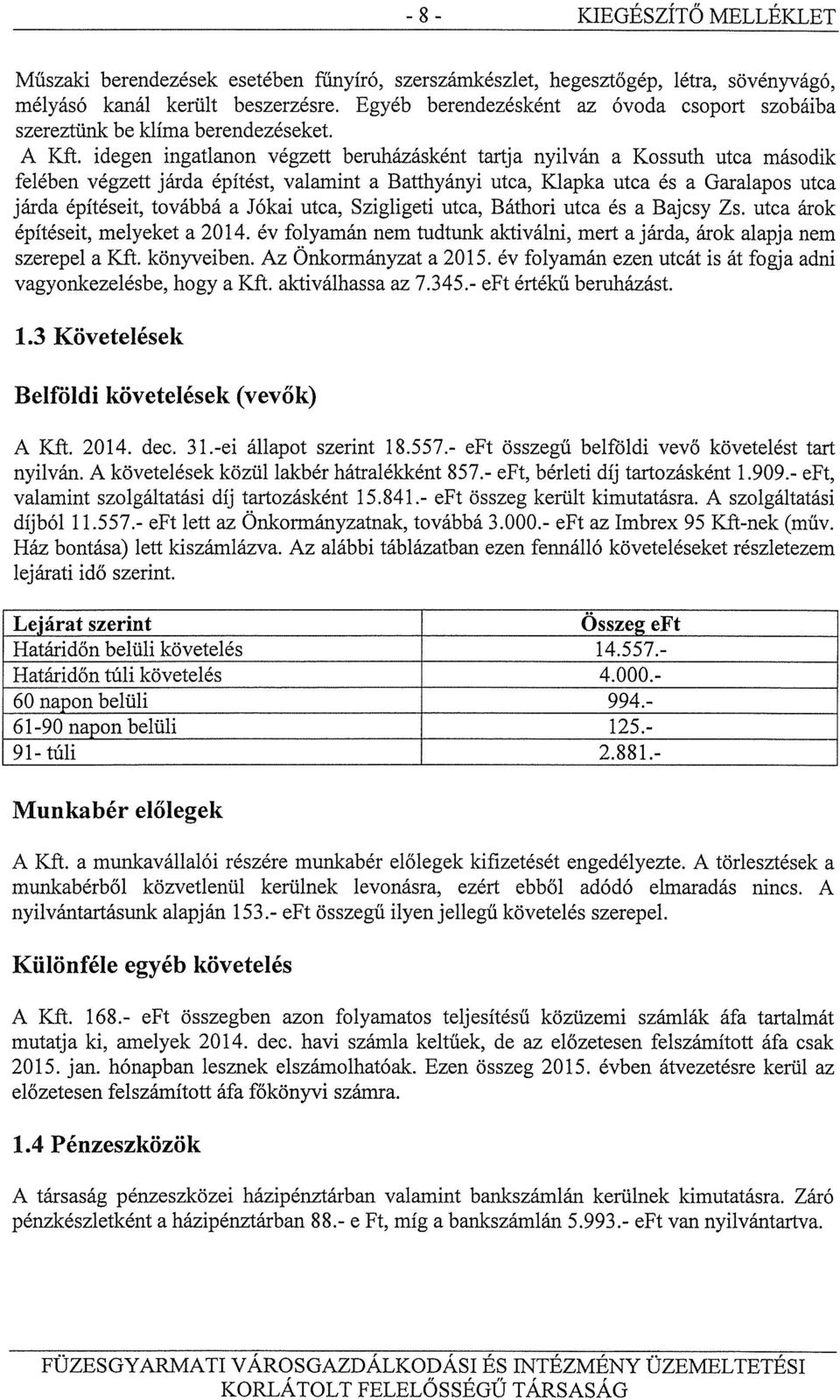 idegen ingatlanon végzett beruházásként tartja nyilván a Kossuth utca második felében végzett járda építést, valamint a Batthyányi utca, Klapka utca és a Garalapos utca járda építéseit, továbbá a