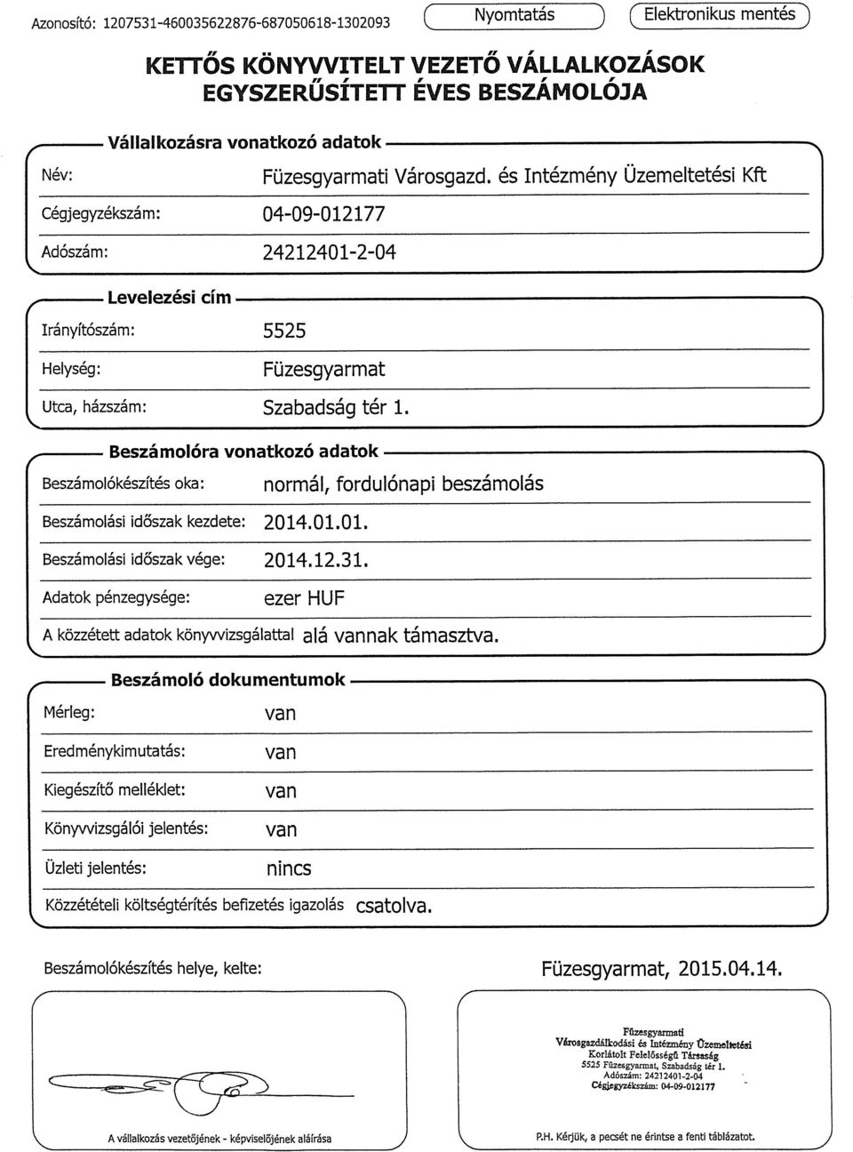 Beszámolóra vonatkozó adatok Beszámolókészítés oka: Beszámolási időszak kezdete: 2014.01.01. Beszámolási időszak vége: 2014.12.31.