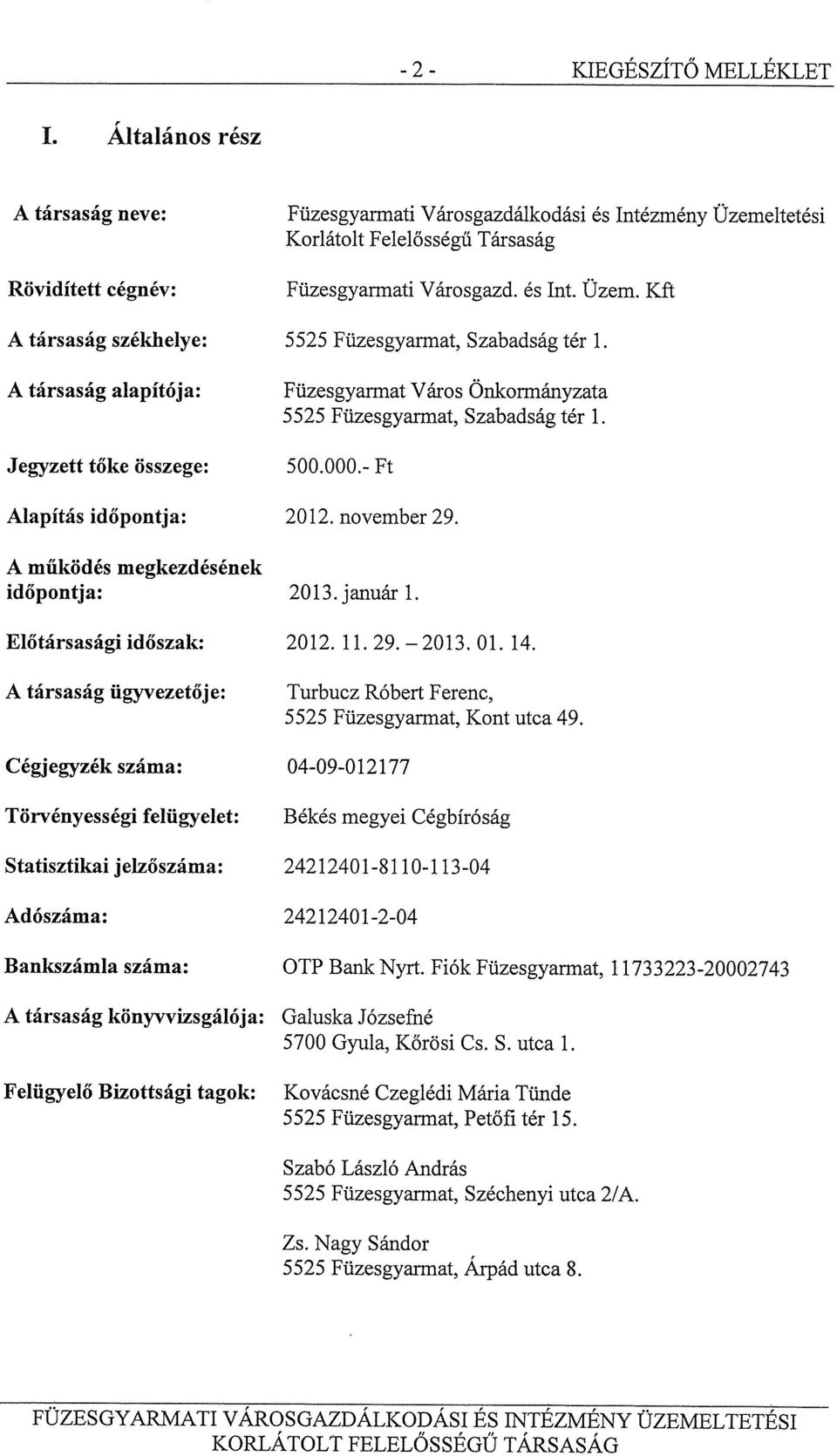 A működés megkezdésének időpontja: 2013. januári. Előtársasági időszak: 2012. 11. 29. 2013. 01. 14. A társaság ügyvezetője: Turbucz Róbert Ferenc, 5525 Füzesgyarinat, Kont utca 49.