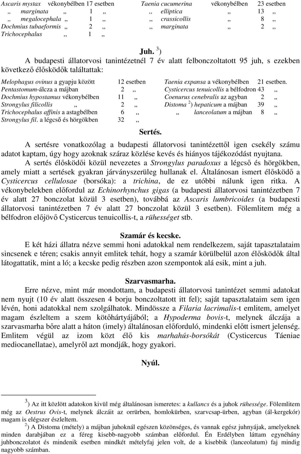 3 ) A budapesti állatorvosi tanintézetnél 7 év alatt felbonczoltatott 95 juh, s ezekben következı élısködık találtattak: Melophagus ovinus a gyapju között 12 esetben Taenia expansa a vékonybélben 21