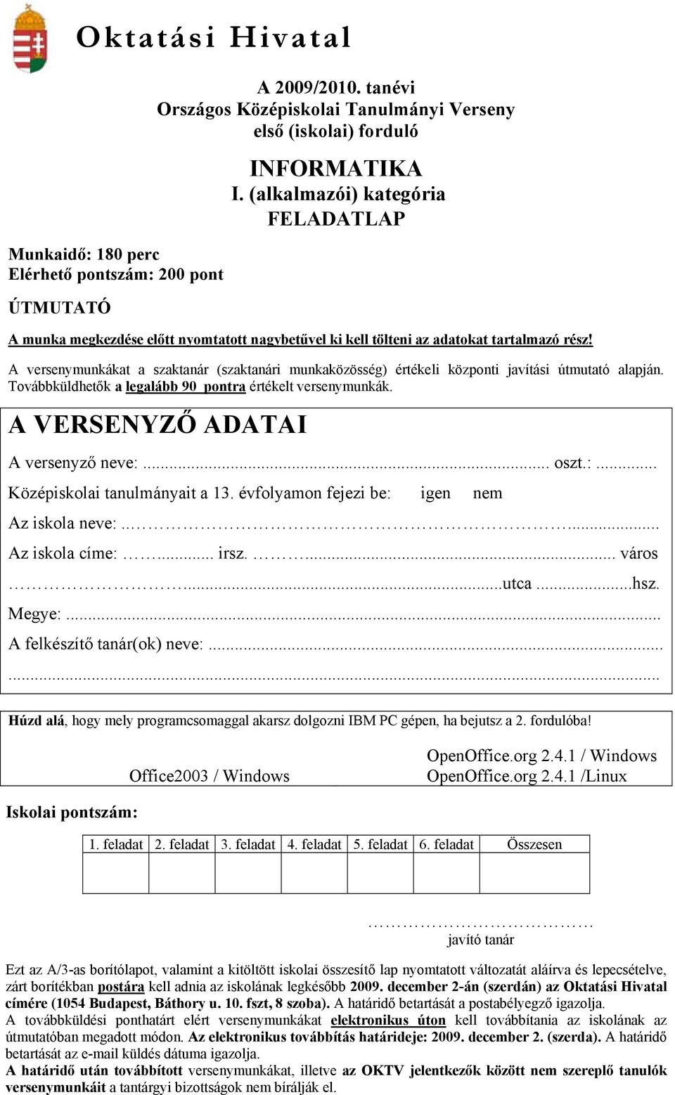 A versenymunkákat a szaktanár (szaktanári munkaközösség) értékeli központi javítási útmutató alapján. Továbbküldhetők a legalább 90 pontra értékelt versenymunkák. A VERSENYZŐ ADATAI A versenyző neve:.