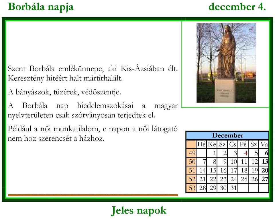 A Borbála nap hiedelemszokásai a magyar nyelvterületen csak szórványosan terjedtek el.