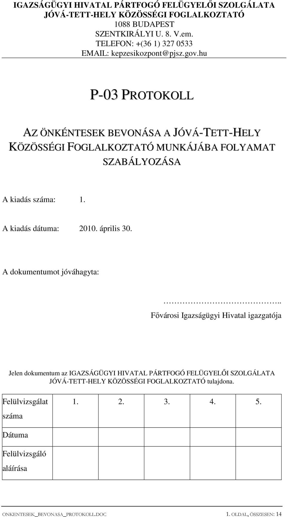 hu P-03 PROTOKOLL AZ ÖNKÉNTESEK BEVONÁSA A JÓVÁ-TETT-HELY KÖZÖSSÉGI FOGLALKOZTATÓ MUNKÁJÁBA FOLYAMAT SZABÁLYOZÁSA A kiadás száma: 1.