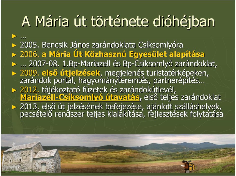 első útjelzések,, megjelenés s turistatérk rképeken, zarándok portál, hagyományteremt nyteremtés, partnerépítés 2012.