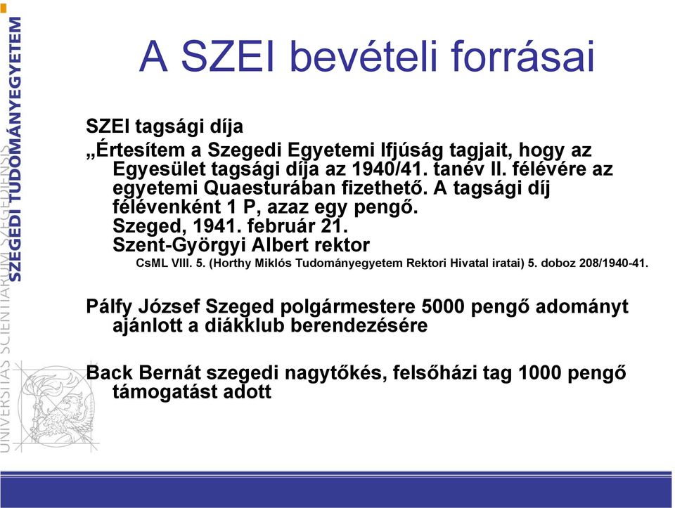 Szent-Györgyi Albert rektor CsML VIII. 5. (Horthy Miklós Tudományegyetem Rektori Hivatal iratai) 5. doboz 208/1940-41.